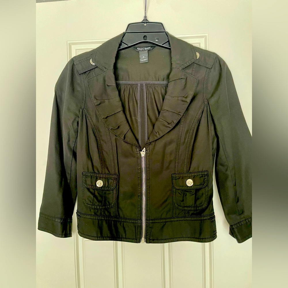 Black ruffle front jacket with cropped sleeves